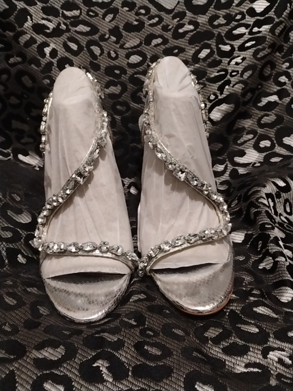 Jessica Simpson Silver Crystal-Strap Evening Heels NIB